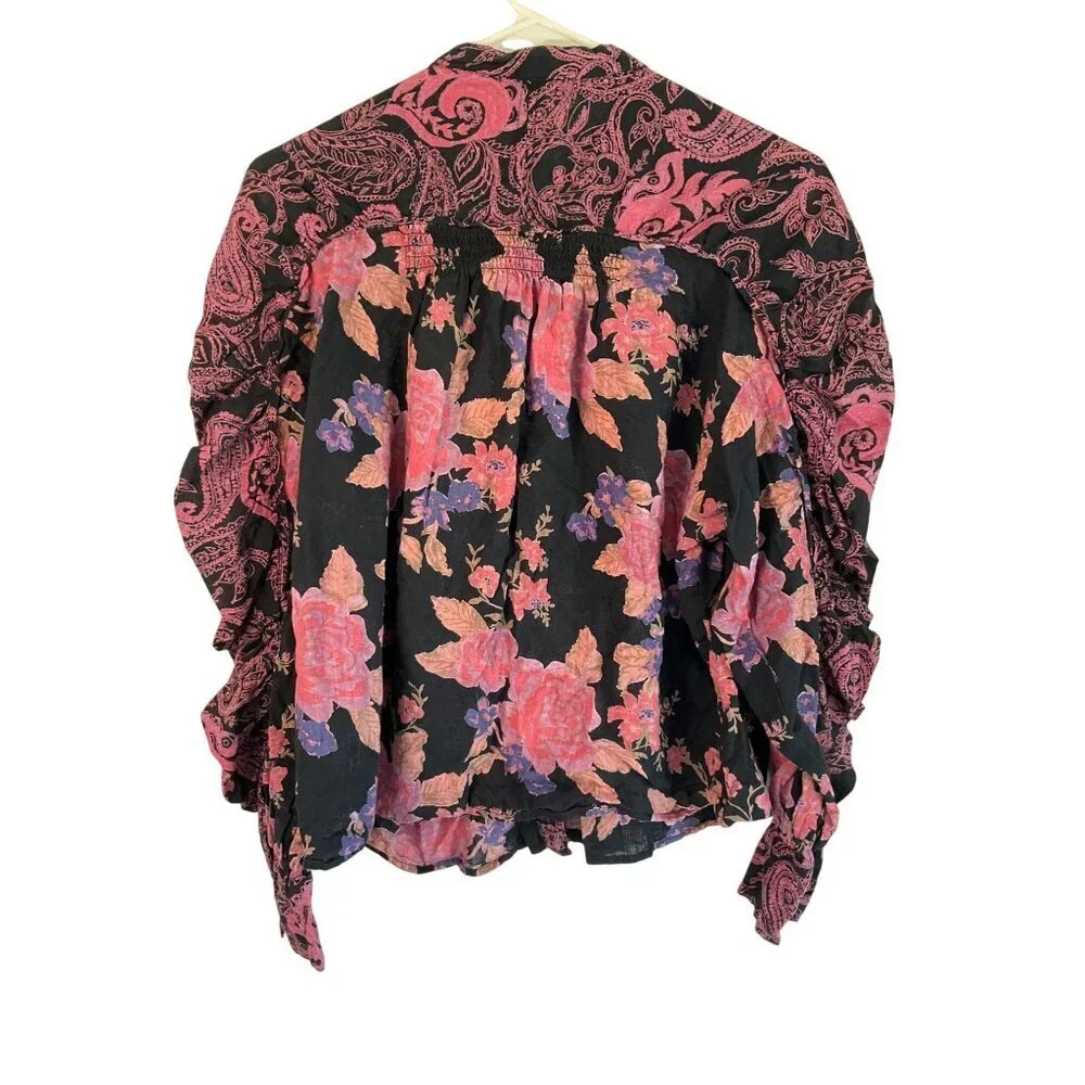 Free People Maraya Button Top in Black Combo XSmall New Womens Blouse